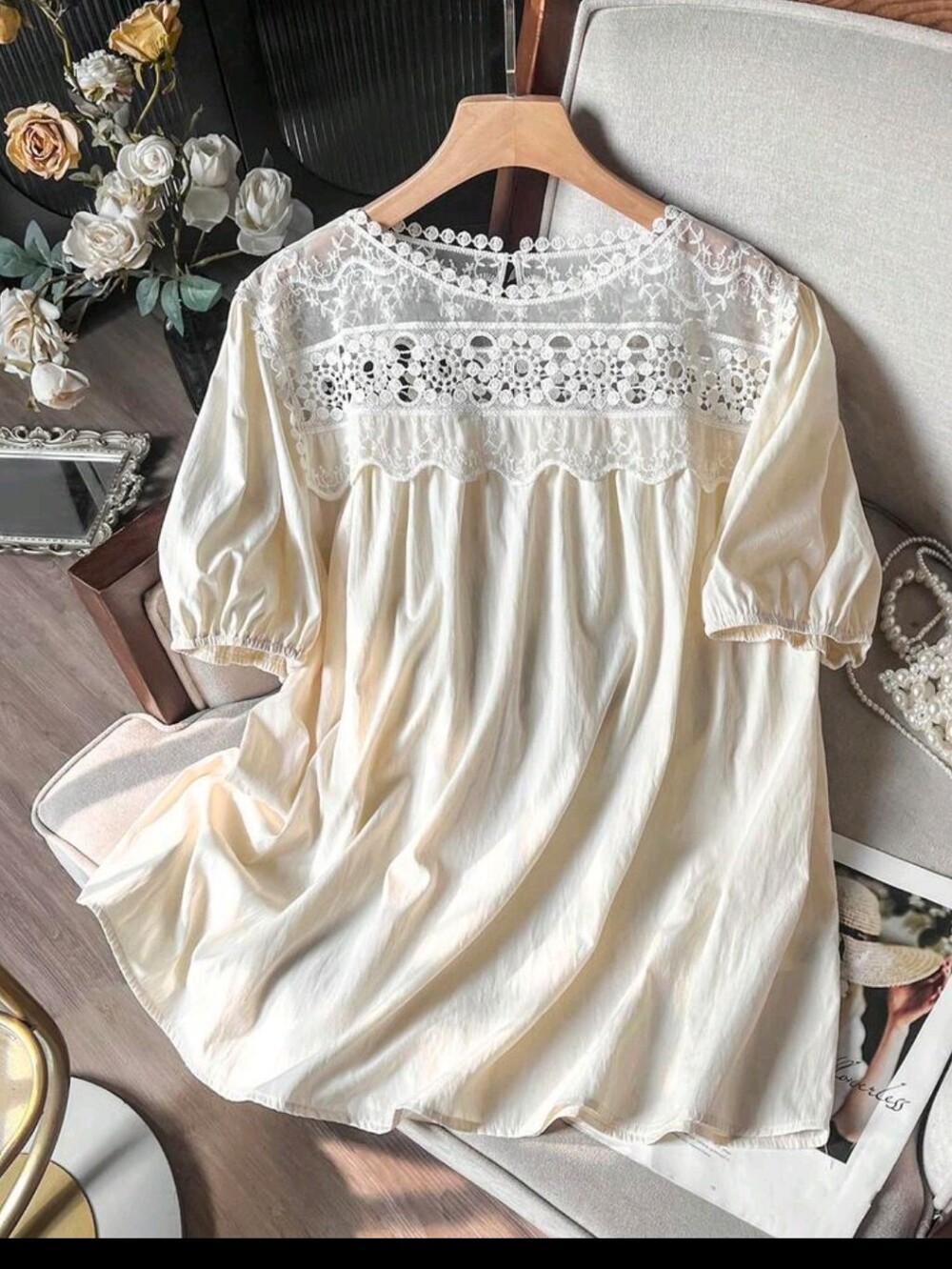 BRAND NEW ** Women's Cream Lace Yoke Puff Sleeve Top